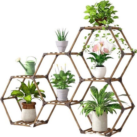 Plantenstandaard - 6 hoekige plantenrek - Plantenrek voor binnen en buiten - 141 x 25 x 97 cm + Rubberen hamer & handschoenen