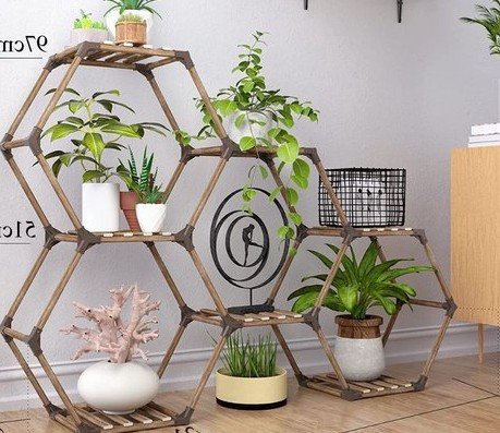 Plantenstandaard - 6 hoekige plantenrek - Plantenrek voor binnen en buiten - 141 x 25 x 97 cm + Rubberen hamer & handschoenen