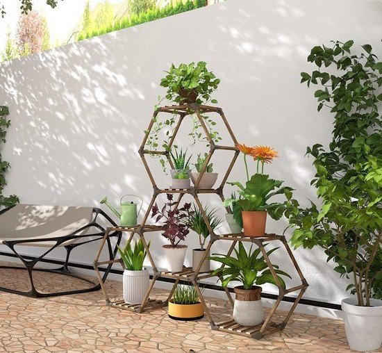 Plantenstandaard - 6 hoekige plantenrek - Plantenrek voor binnen en buiten - 141 x 25 x 97 cm + Rubberen hamer & handschoenen